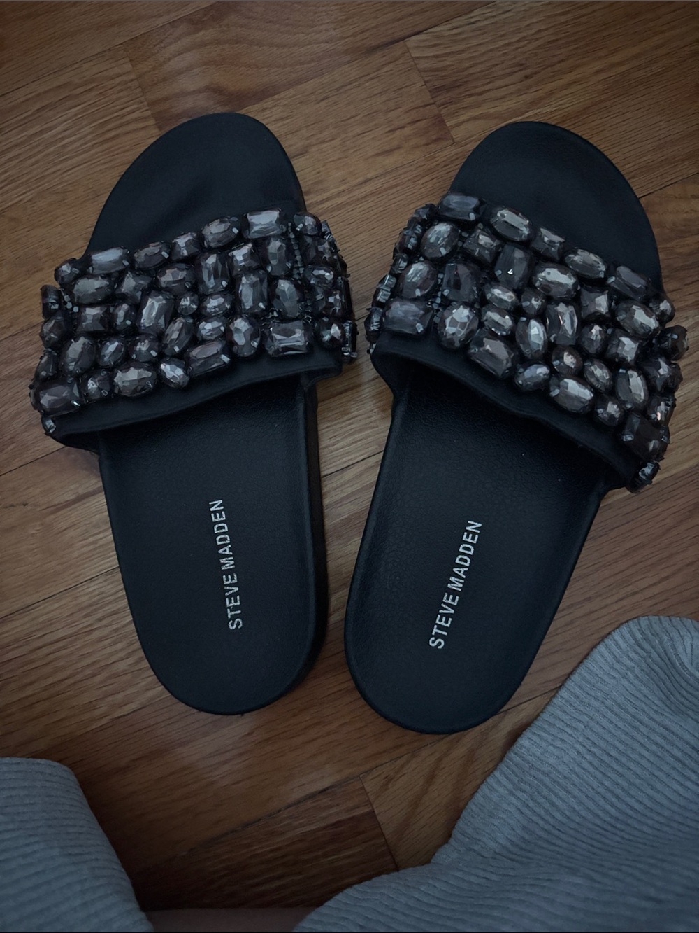 Steve Madden Fancy Jeweled Slides in Black